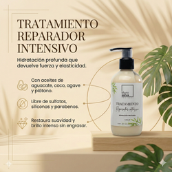 Infografía de características de la mascarilla para cabello seco: textura cremosa, libre de siliconas y parabenos.