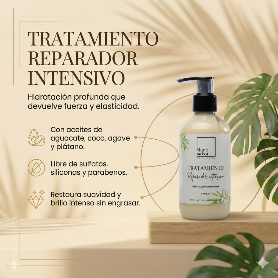 Infografía de características de la mascarilla para cabello seco: textura cremosa, libre de siliconas y parabenos.