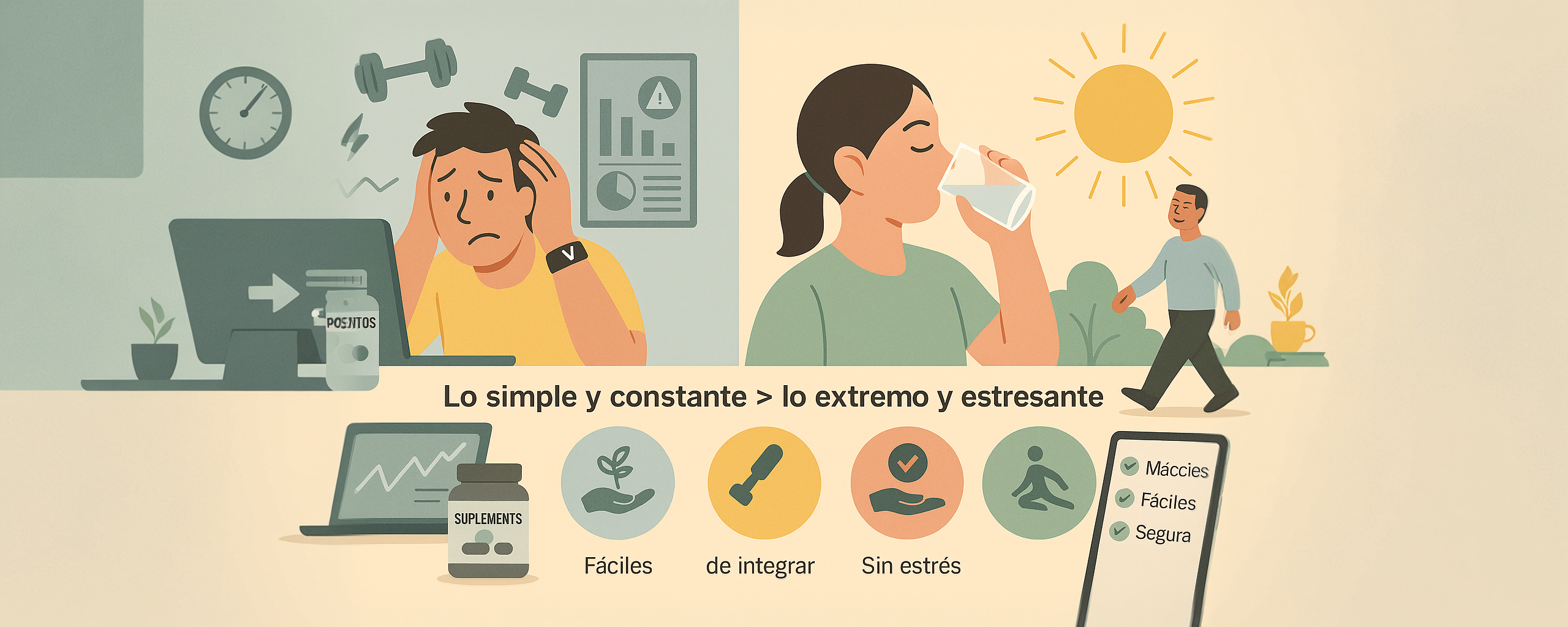 Ilustración comparativa entre un estilo de vida abrumado por gadgets y rutinas extremas, frente a minihábitos simples como caminar, tomar agua y recibir luz solar. Salud natural sin estrés.