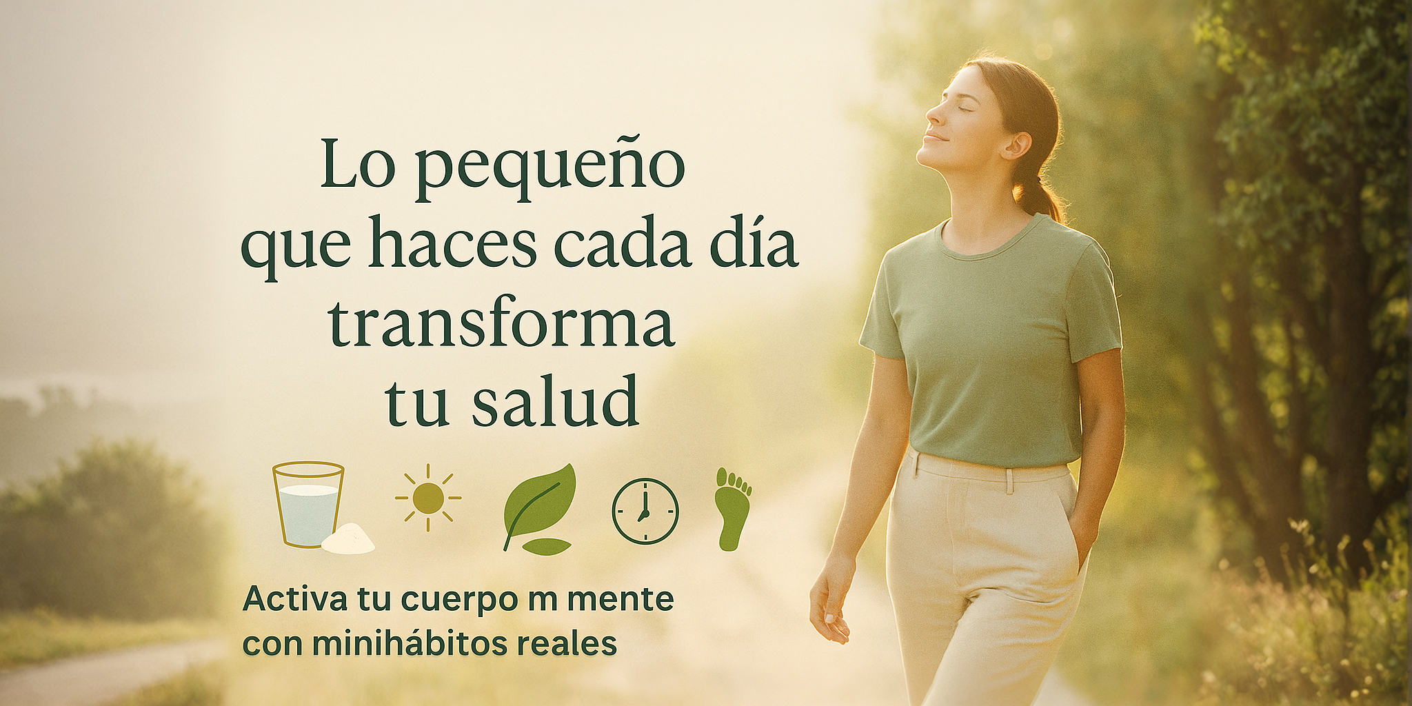 Mujer caminando bajo la luz natural, rodeada de íconos de minihábitos. Texto: “Lo pequeño que haces cada día transforma tu salud”. Mensaje visual motivador para cambiar tu energía