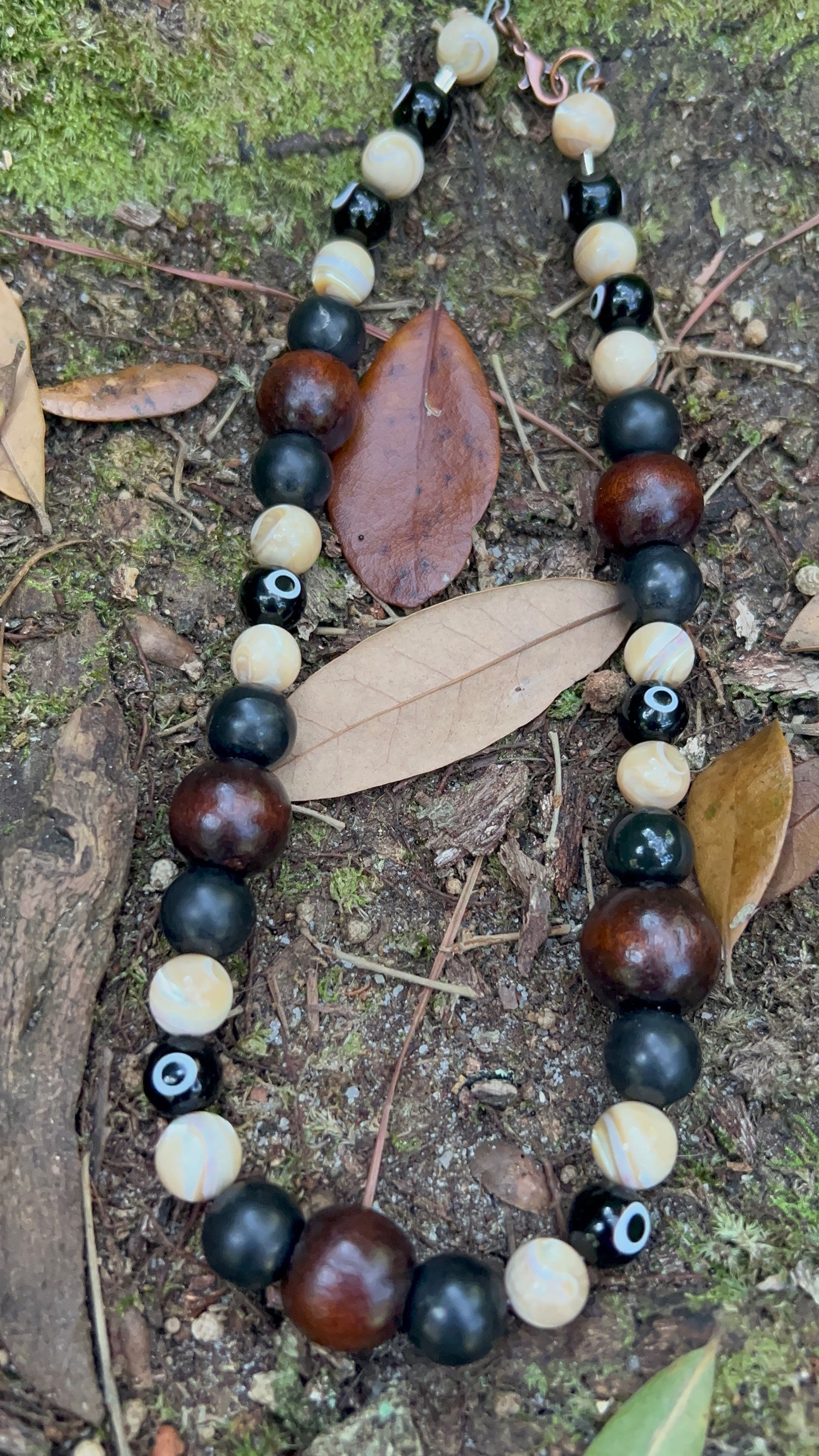 Shungite, Mother of Pearl, African Mahogany and Evil eye 10-14mm beaded necklace