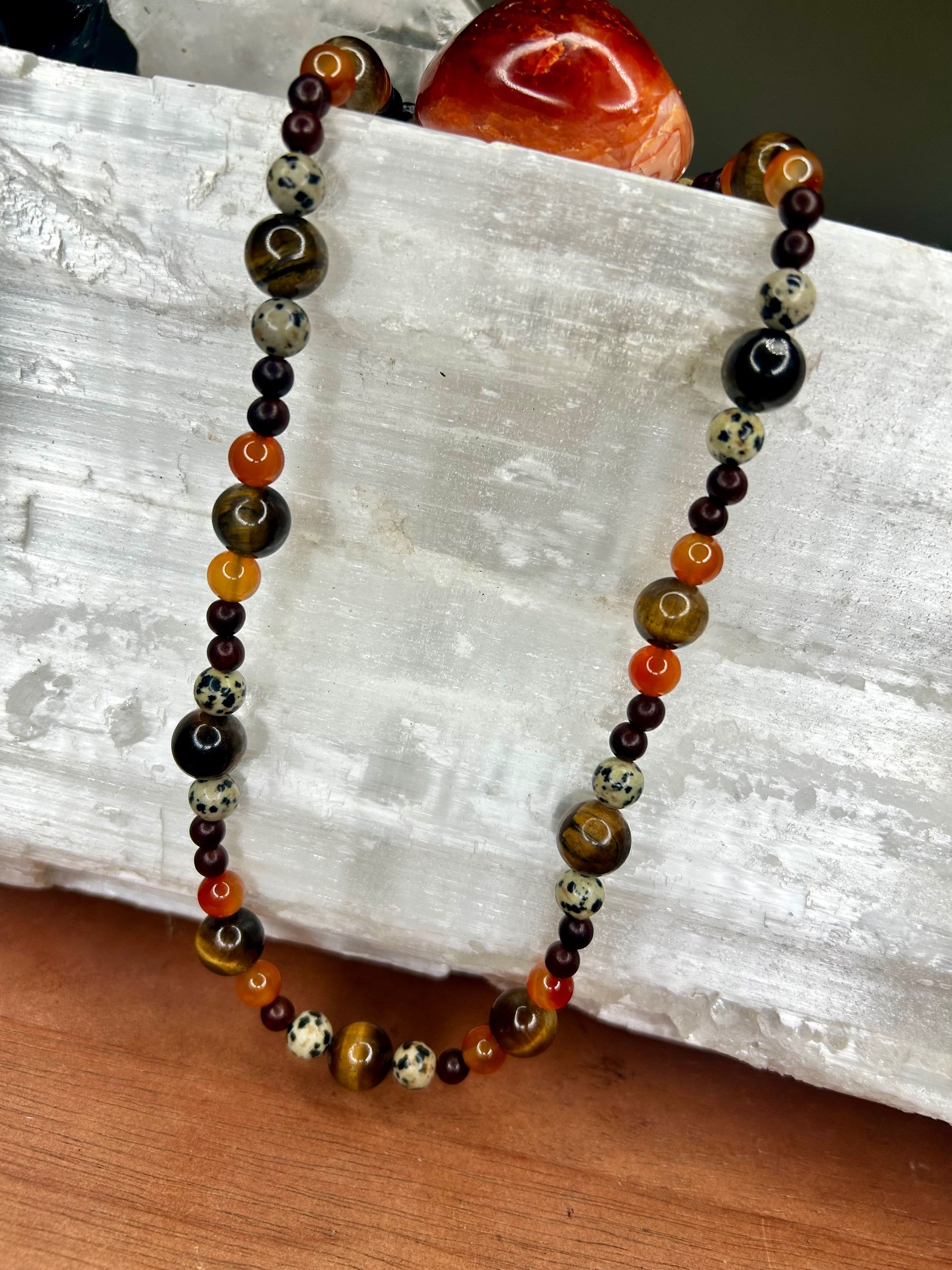 Sandalwood, Carnelian, Tiger Eye & Dalmatian Jasper 6-10mm beaded necklace 