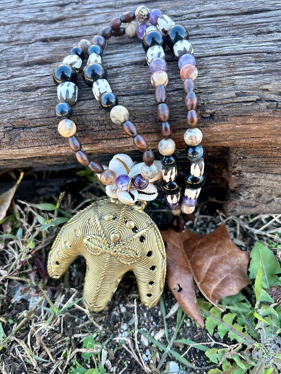 Thumbnail: Brass Warrior Protection Mask pendant with rare natural gemstone bead necklace.