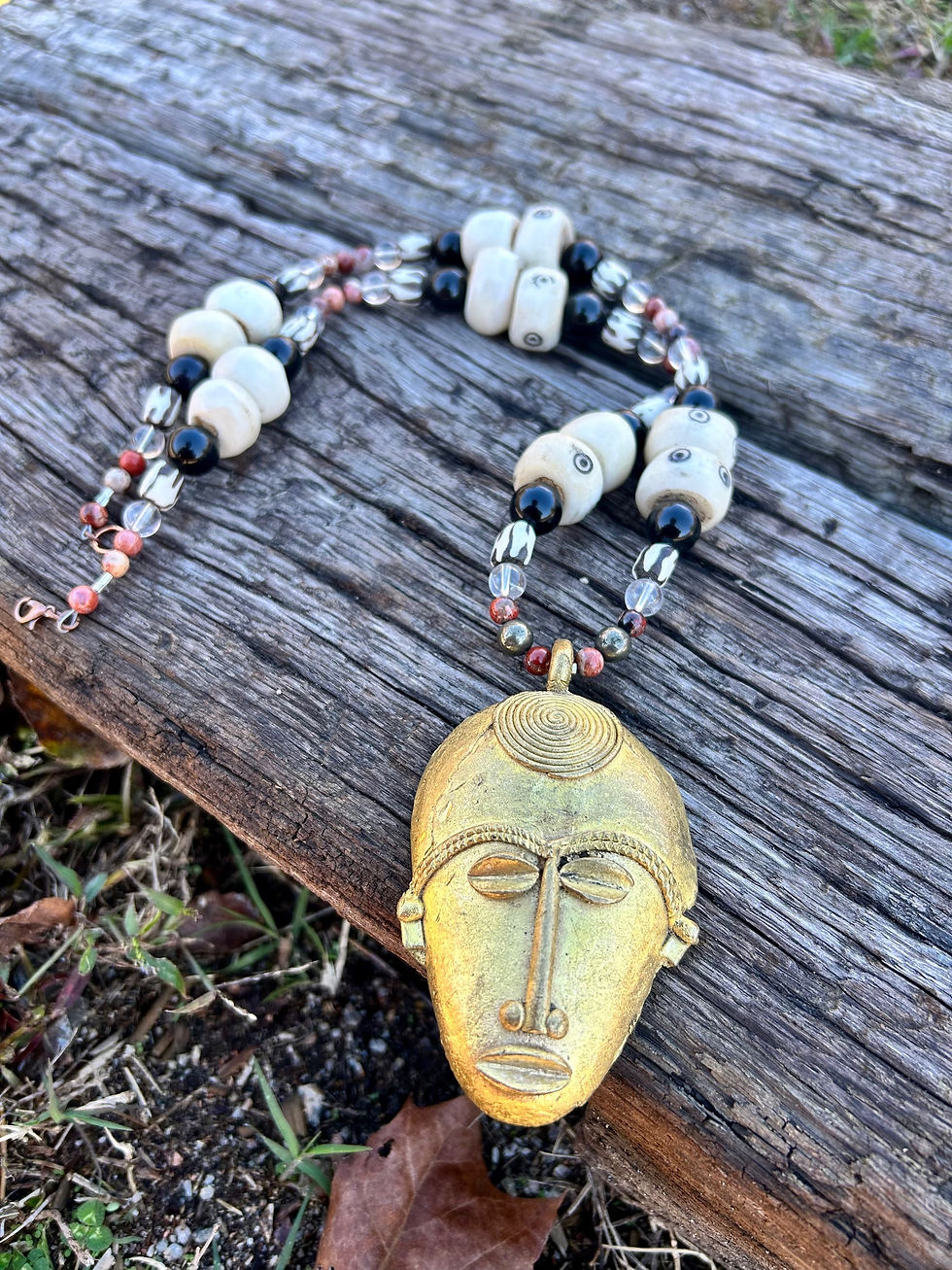 Brass African Mask with Handmade Gemstone beaded Necklace