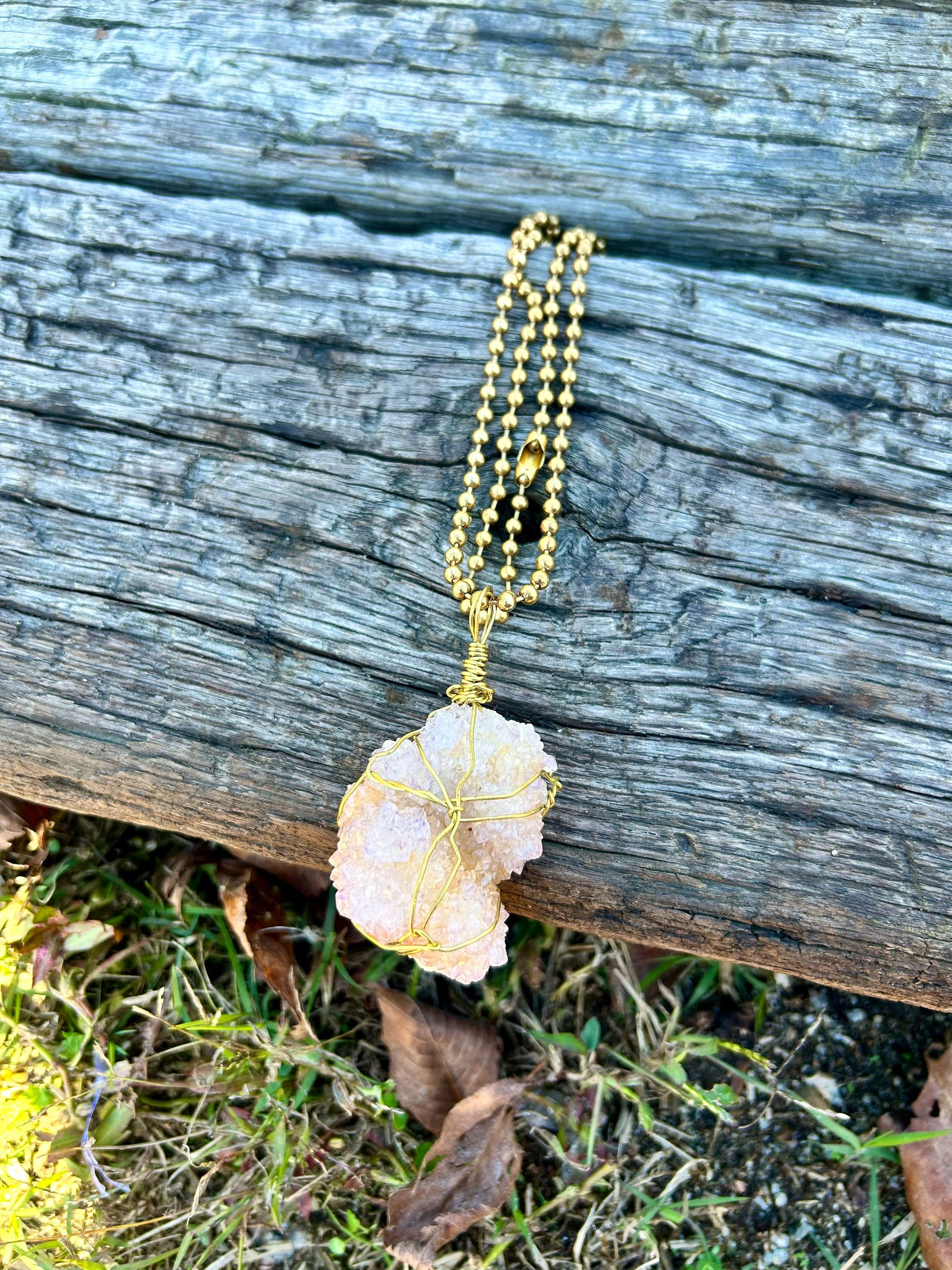 Spirit Quartz Crystal Necklace | Wire Wrapped in Brass | Matching Brass Chain