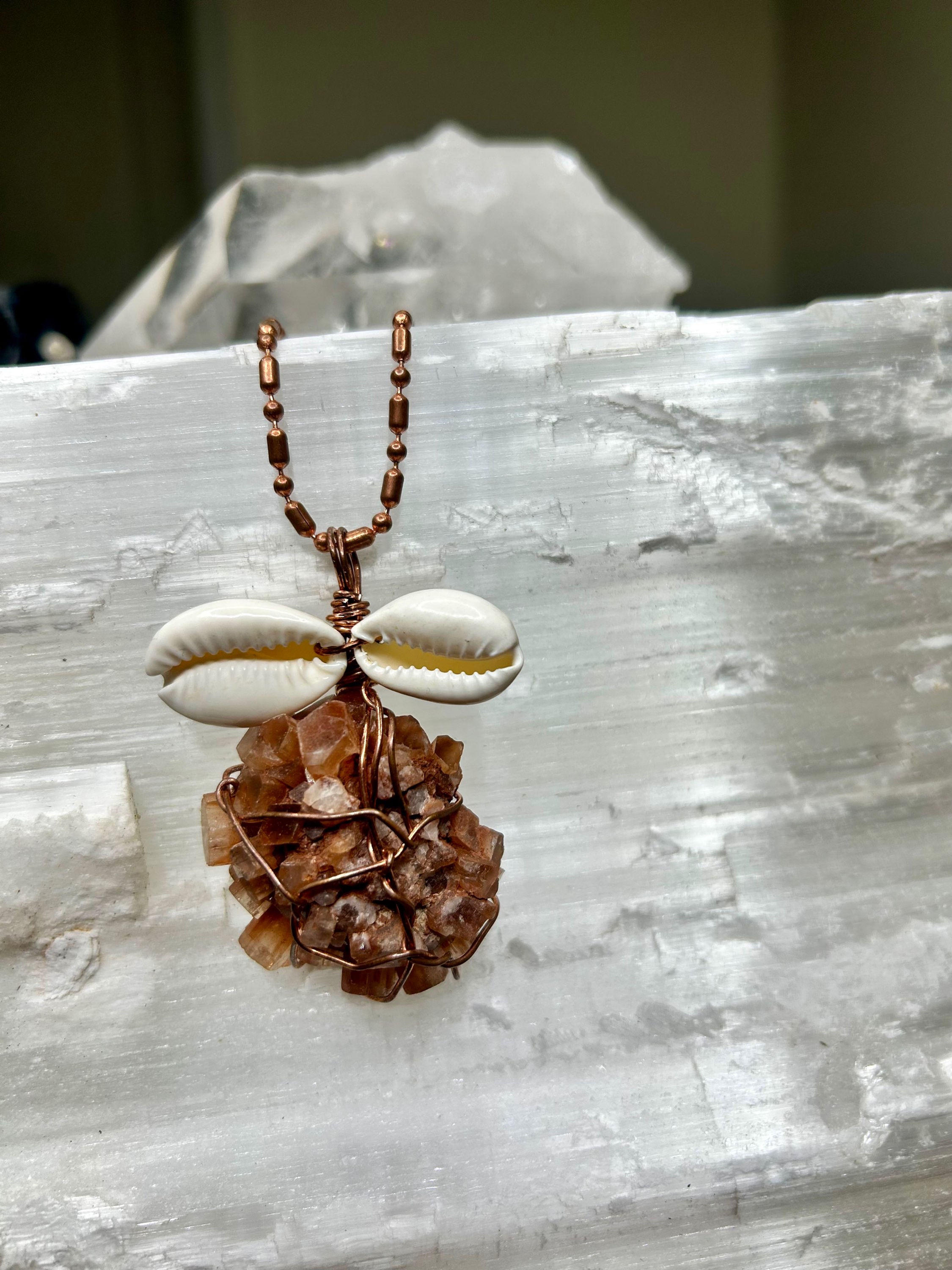 Aragonite and Cowrie Shell Pendant handmade in bare copper with matching chain 