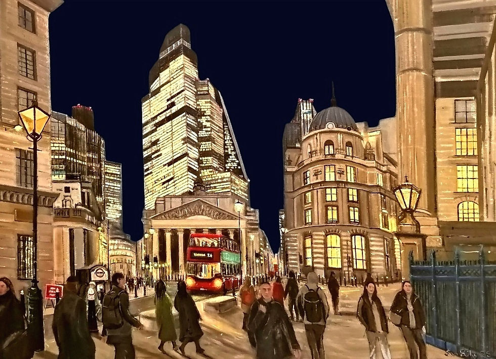 Evening view toward The Royal Exchange