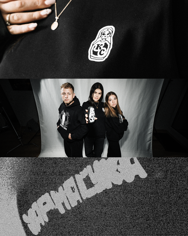 Collage aus drei Bildern: Close-Up eines Produktfotos eines Hoodies, Studiofoto mit Models, die Karmasuka Hoodies tragen, modern bearbeitete Wortmarke Karmasuka