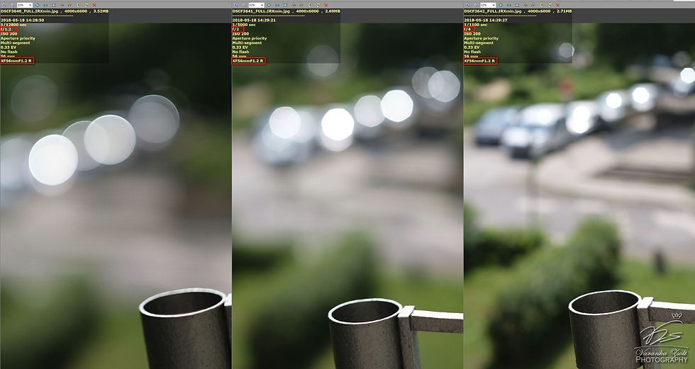 The bokeh of the Fujinon 56/1.2 is nice wide open, but gets distracting once stopped down a bit due to the 7 edgy blades. Also, see how sharpness improves and longitudinal chromoatic abberation eliminates on the foreground subject as stopping down the lens