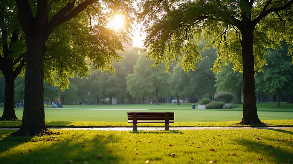 Wide angle view of a peaceful Wilmington park with a bench and trees