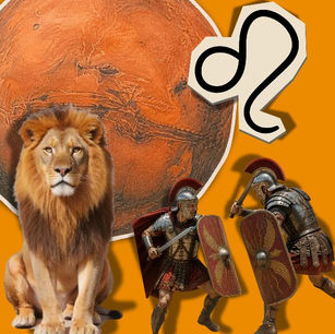 imagem com um leão, o símbolo de leão na astrologia e dois guerreiros romanos se encarando