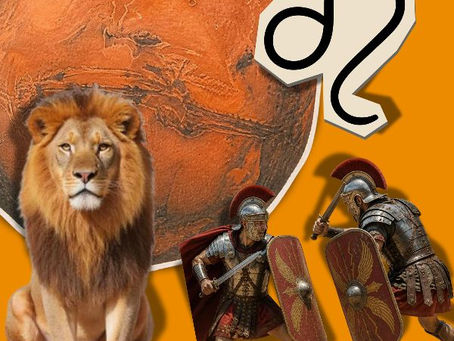 imagem com um leão, o símbolo de leão na astrologia e dois guerreiros romanos se encarando