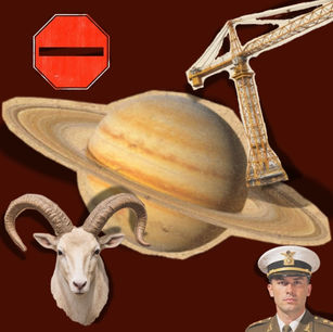 ilustração com o planeta saturno, um militar, uma placa de "pare"e um carneiro