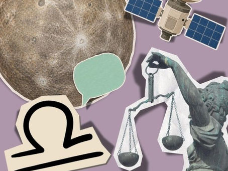 Figura do planeta Mercúrio, do simbolo de Libra na astrologia com um balão de diálogo, um satélite e uma balança de simbolo de justiça