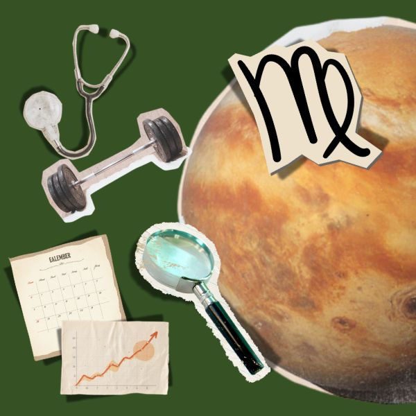 capa do blog com o planeta de mercúrio, o símbolo do signo de virgem, um haltere de peso, uma lupa, estetoscópio e um calendário