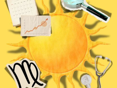 imagem de capa da postagem com com sol, o simbolo do signo de virgem, uma lupa, calendário, gráfico e um estetoscópio