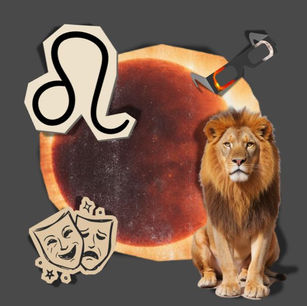 imagem do sol e lua em eclipse solar, com a figura de um leão, o simbolo de sigo de leão, uma mascara teatral e um óculos de proteção para ver o eclipse