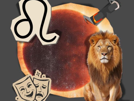 imagem do sol e lua em eclipse solar, com a figura de um leão, o simbolo de sigo de leão, uma mascara teatral e um óculos de proteção para ver o eclipse