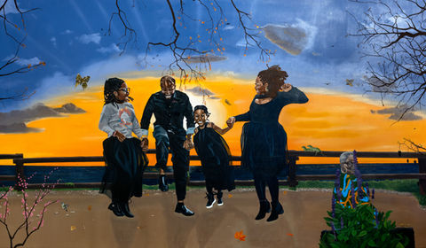 A portrait of my family captured in a shared moment of elevation and support, set within a place we return to together.
With my mother positioned as a constant presence in front of us, this piece reflects growth, resilience, and the power of being held in community.