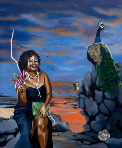 Brianne Moore:
A reflection on value, presence, and quiet becoming.
This piece explores the idea that worth exists fully, even when it is still being recognized.
+1 (817) 877-6545:
This piece reflects the presence of value, even when it is not fully recognized.
She is seated among stone, grounded and composed. The environment is firm and unyielding, yet she remains soft within it. Dressed in black, she carries a quiet elegance that does not compete for attention, but holds it.
A strand of pearls descends from above, meeting her at the neck. A symbol of beauty formed over time, shaped through pressure and care. Not immediate, but intentional.
Around her, pearls rest throughout the rocks. Some visible, some partially hidden. A reminder that value is not always gathered in one place, but it still exists, whole and present.
At the base of the composition, a small oyster holds raw pearls. Unrefined, untouched, and still becoming. There is beauty in every stage.
Nearby, a peacock rests with its back turned, its feathers cascading downward rather than fully displayed. Beauty that does not need to announce itself. It simply is.
Water moves through the space, reflecting warmth and depth. A quiet current that connects the elements around her, carrying light across the surface.
Two golden butterflies appear within the scene. Subtle markers of transformation, gently placed, not demanding attention, but present all the same.
In the distance, birds move freely across the sky. A sense of openness beyond what is immediately held.
This piece is not about what is missing.
It is about what is already there.
Value does not begin when it is recognized.
It exists, fully, even when it is still being seen.
⸻
Updated WALL LABEL (to match tone)
Pearls Set In Stone
Size | Medium | 2026
A reflection on value, presence, and quiet becoming.
This piece explores the idea that worth exists fully, even when it is still being recognized.