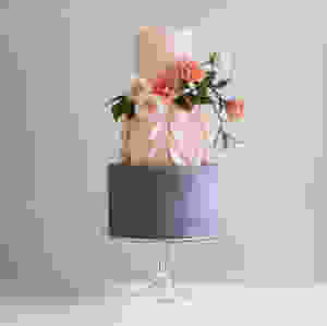 Peach & Grey 3 Tier Wedding Cake with Flowers and Artistic Design