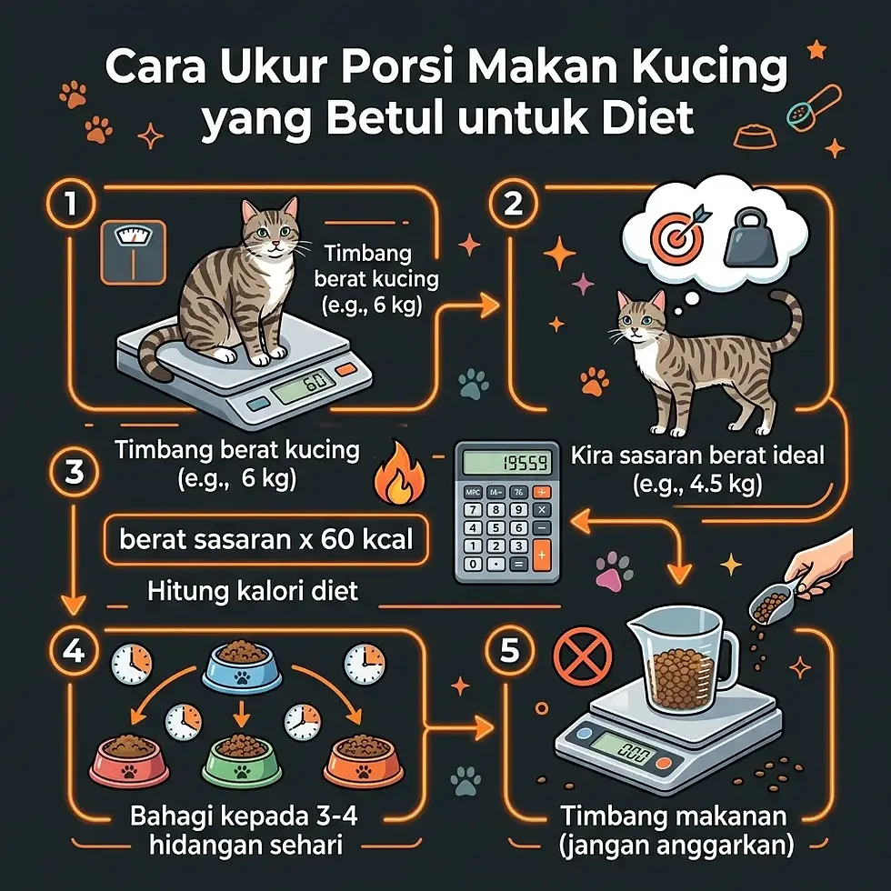 Cara ukur porsi makan kucing untuk diet: 5 langkah - timbang kucing, sasaran berat, kalori = berat sasaran x 60 kcal, bahagi 3-4 hidangan, timbang makanan jangan anggaran