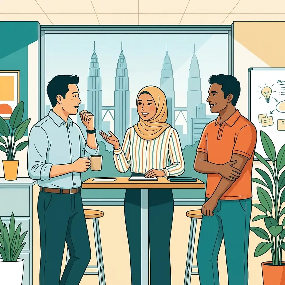 Pasukan Malaysia berdiri dalam daily standup di pejabat moden dengan pemandangan KLCC