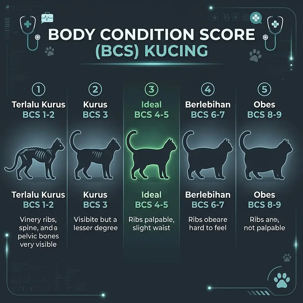 Body Condition Score (BCS) Kucing: Terlalu Kurus BCS 1-2, Kurus BCS 3, Ideal BCS 4-5 (highlighted hijau), Berlebihan BCS 6-7, Obes BCS 8-9