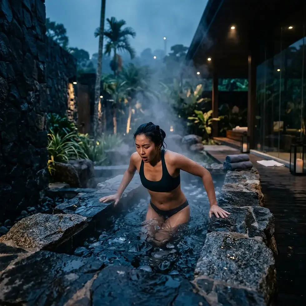 Person experiencing cold plunge ice bath at modern Malaysian wellness spa, dramatic blue steam and lighting