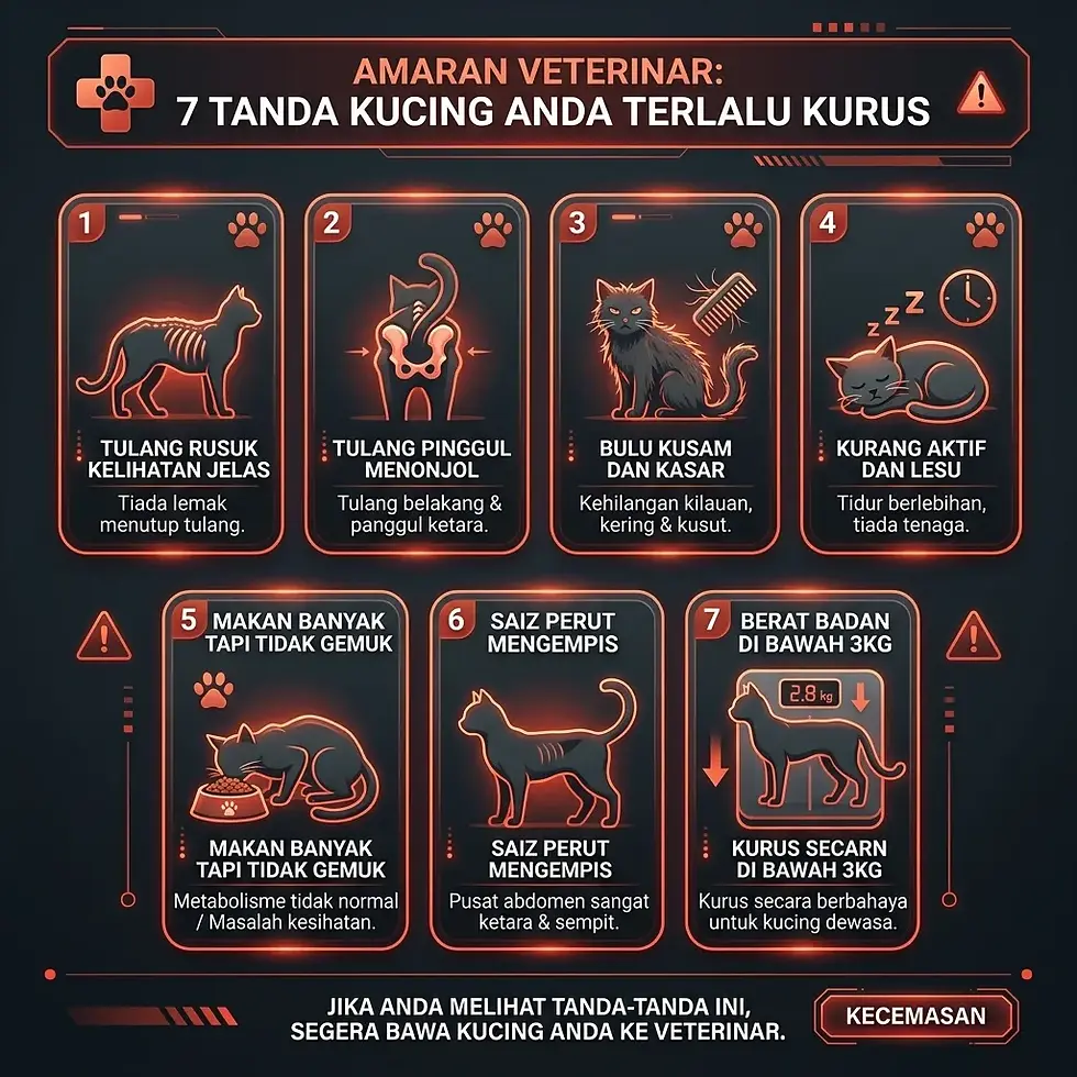 7 tanda amaran kucing terlalu kurus: Tulang rusuk kelihatan, Tulang pinggul menonjol, Bulu kusam, Kurang aktif, Makan banyak tapi tidak gemuk, Perut mengempis, Berat di bawah 3kg