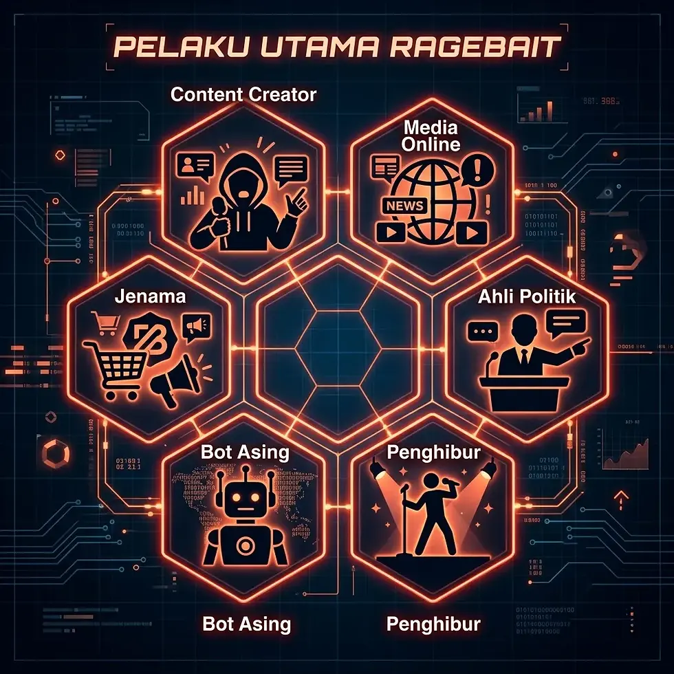 Pelaku utama ragebait: Content Creator, Media Online, Jenama, Ahli Politik, Bot Asing, Penghibur dalam grid heksagon