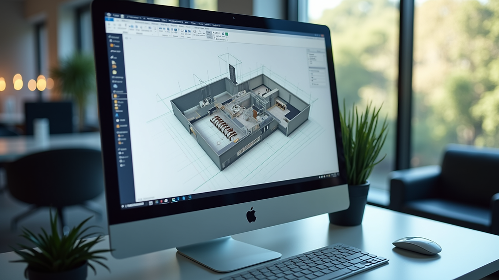 Close-up view of a computer screen showing 3D office design software