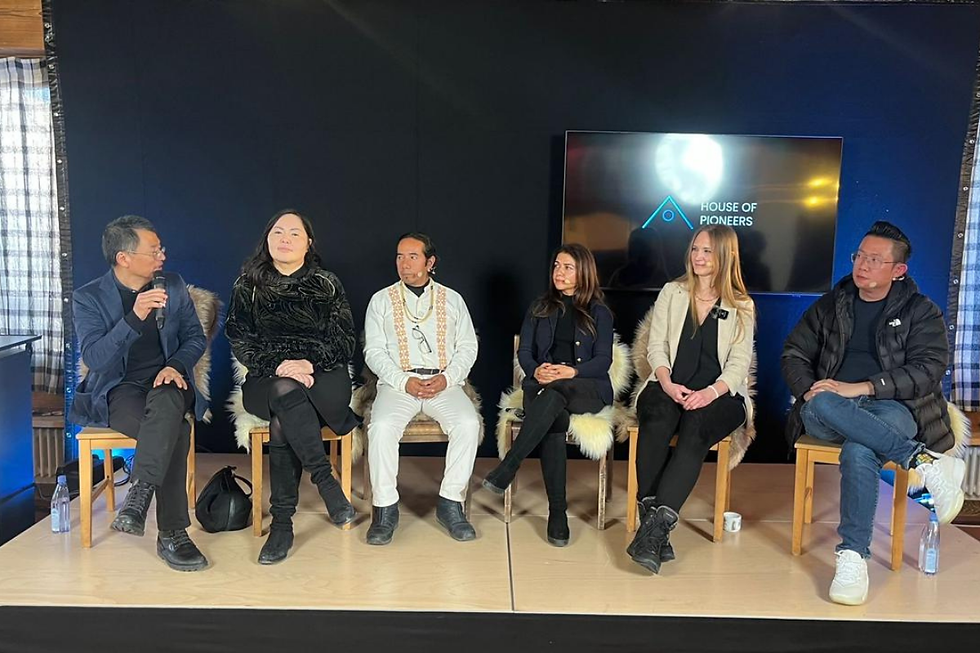 Mindahi Bastida, speaking on a panel at the House of Pioneers, sharing ancestral perspectives on regenerative systems and the responsibilities of humanity to the living Earth.