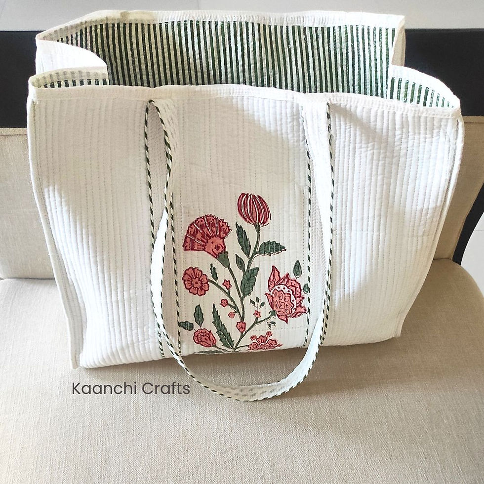 Pink Cosmos - Handblock Print Quilted Tote Bag