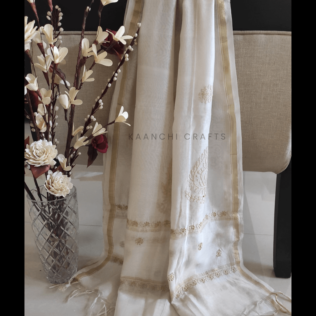 Beige Threadwork Chikankari Dupatta