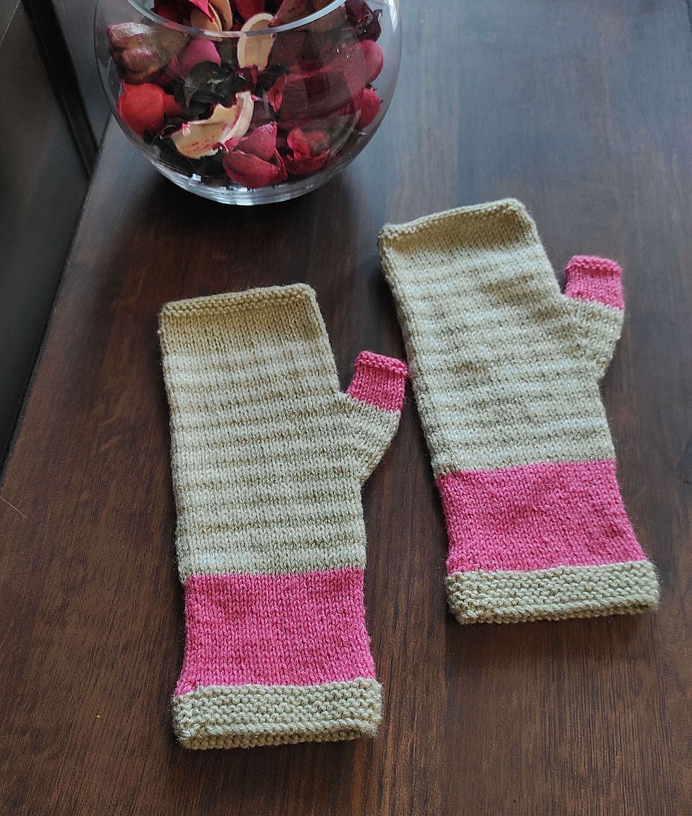 Thumbnail: Pink and Grey Striped Fingerless Gloves