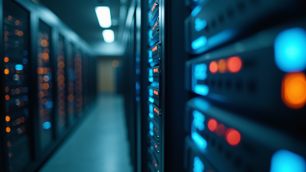 Närbild av webbserver med blinkande lampor och kablar