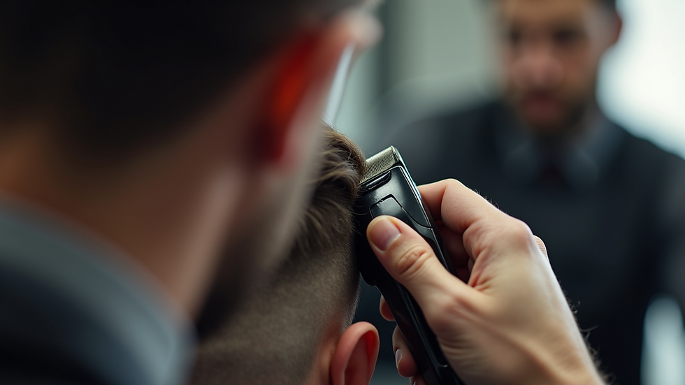 Close-up view of barber clippers blending hair on the side of the head