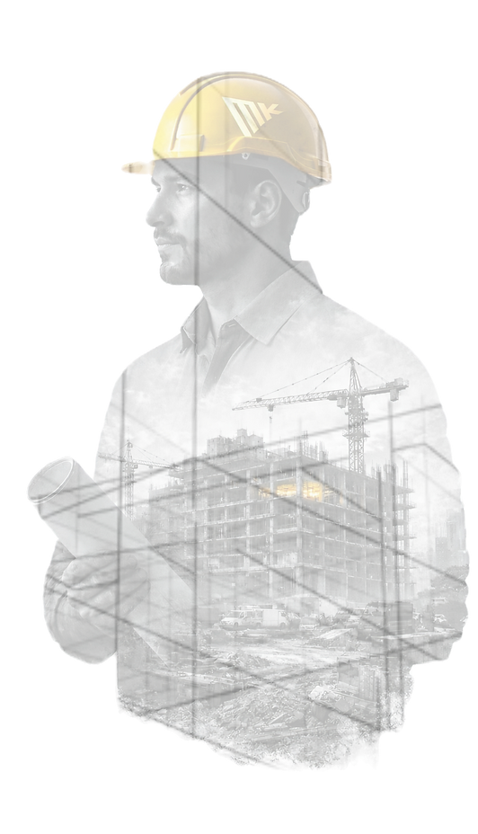 Black-and-white double exposure image of a construction professional wearing a gold hard hat, with a construction site