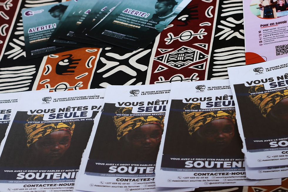 Information pamphlets distributed during a sit-in campaign against the killings of women in Yaoundé, Cameroon, Friday, Sept, 18, 2026 (AP Photo/Angel Ngwe)