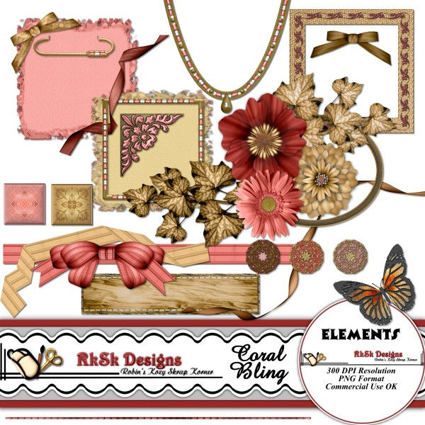 Thumbnail: Coral Bling Digital Scrapbooking Kit