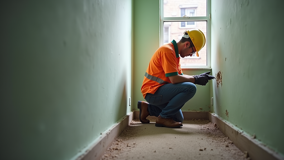 Eye-level view of a surveyor inspecting a damp wall inside a residential property