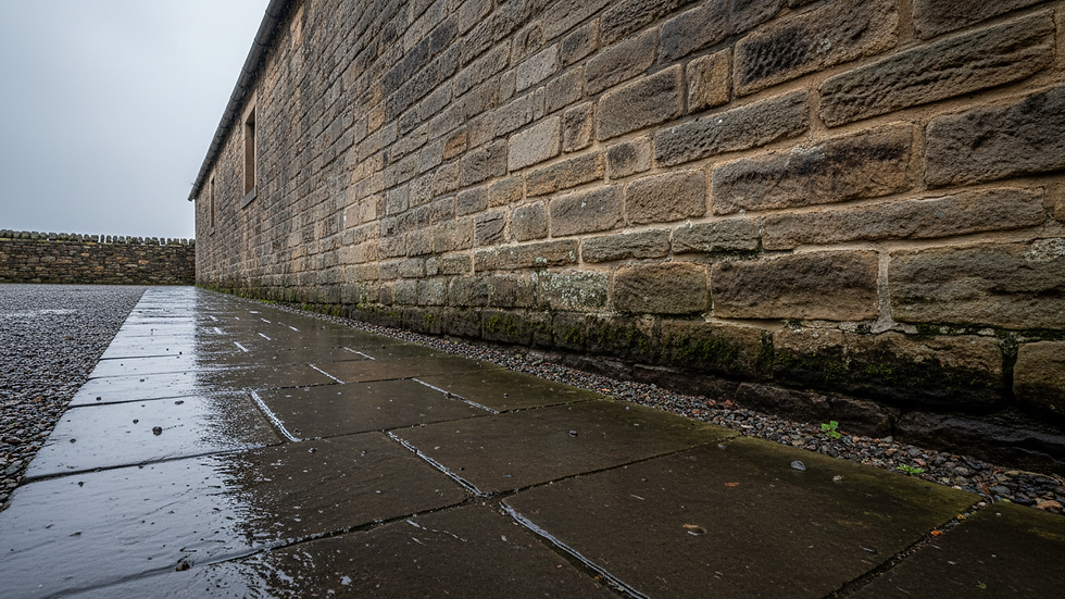 Low-angle view of an external stone wall with a path beside it after rain