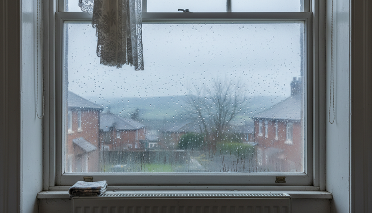 Eye-level view of condensation on a bedroom window in a Yorkshire terrace