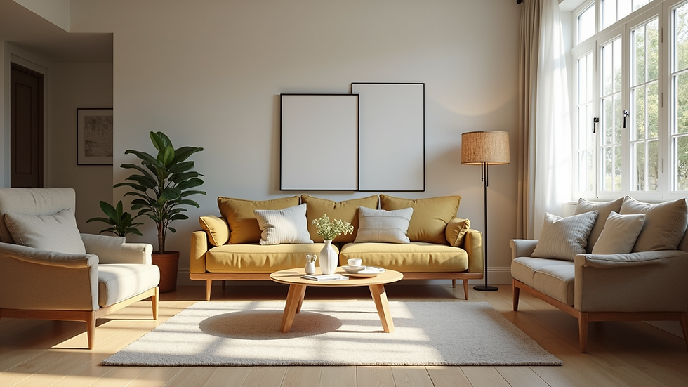 Eye-level view of a tidy living room with organized furniture