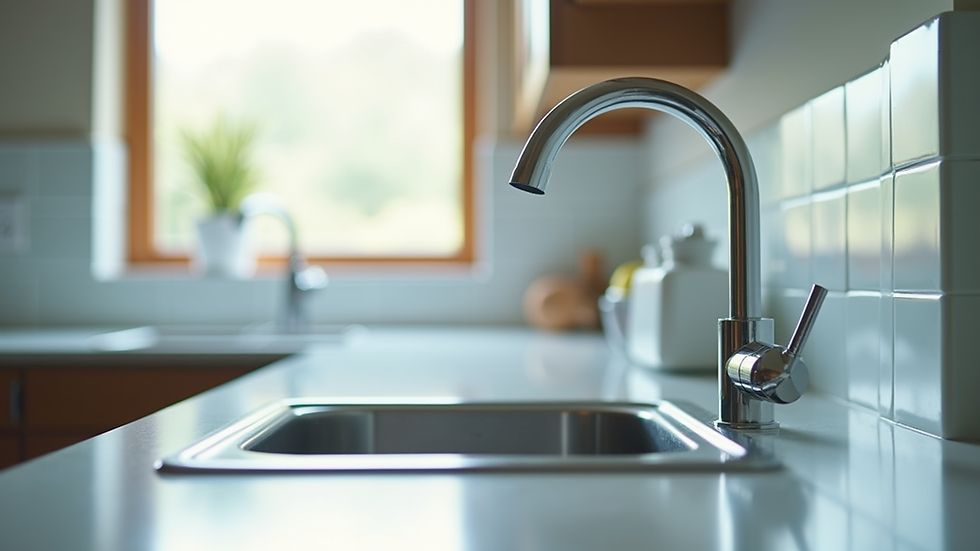 Eye-level view of a sparkling clean kitchen countertop with shining sink and faucet