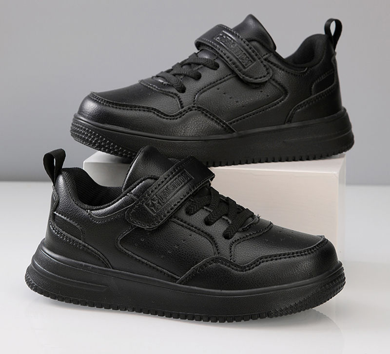 Thumbnail: Kids Black Leather Casual Sneakers Non Slip Flat Walking Shoes
