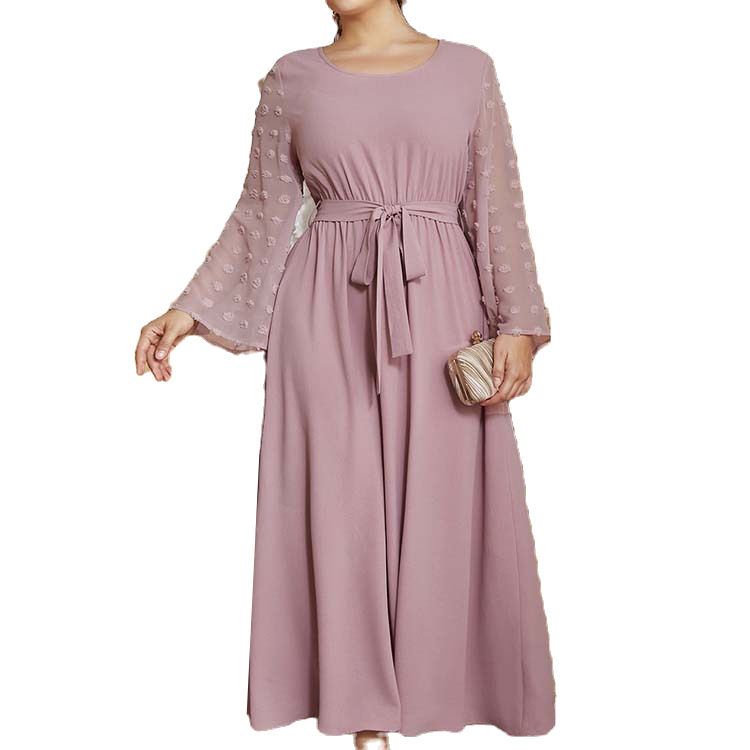 Elegant Plus Size Jacquard Midi Dress with Patchwork and Long Lace Sleeves