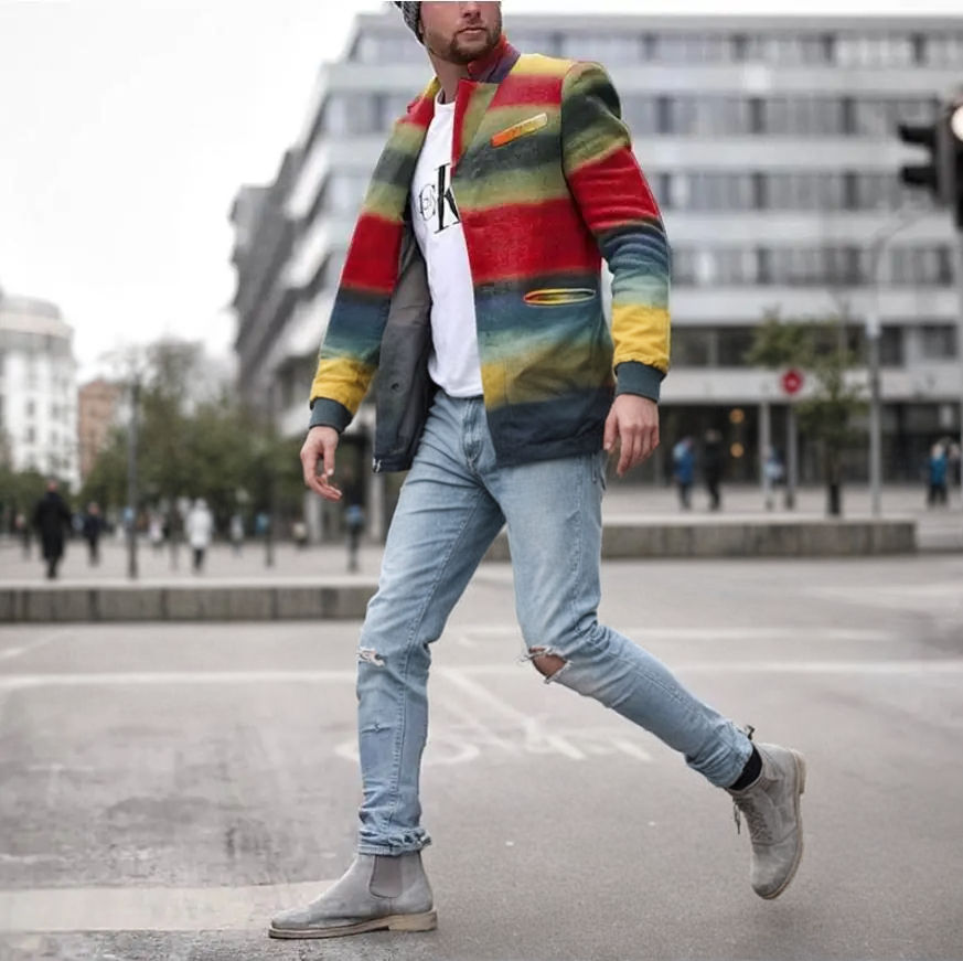 Thumbnail: Men Long Sleeve Slim Fit Trench Coat with Rainbow Stripes and Turn Down Collar