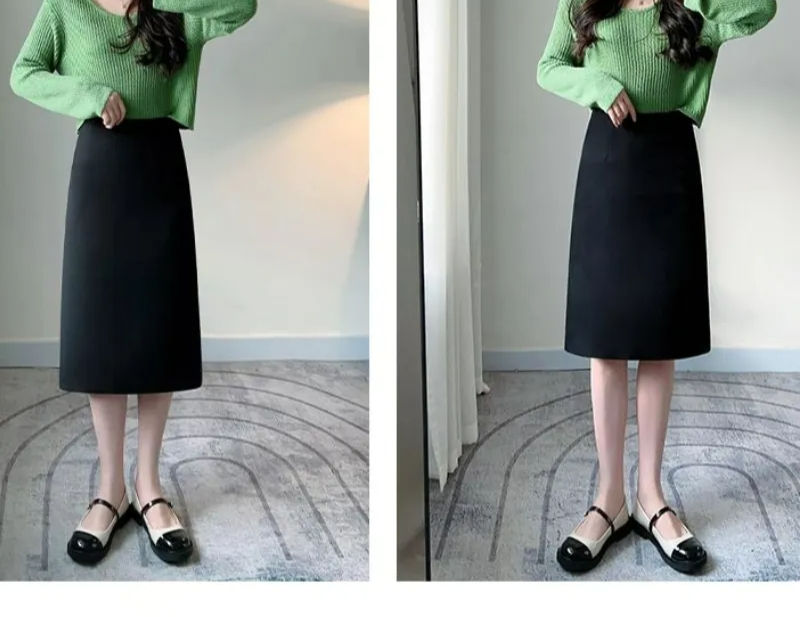 Thumbnail: Womens High Waist Midi Skirt Solid Color Slim Fit with Belt Office Streetwear